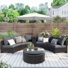 6 Pieces Outdoor Sectional Half Round Patio Rattan Sofa Set; PE Wicker Conversation Furniture Set w/ One Storage Side Table for Umbrella and One Multi