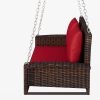 GO 2-Person Wicker Hanging Porch Swing with Chains, Cushion, Pillow, Rattan Swing Bench for Garden, Backyard, Pond. (Brown Wicker, Red Cushion)