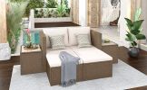 Outdoor 6-Piece Garden Furniture Set; PE Wicker Rattan Sectional Sofa Set with 2 Tea Tables; Brown Wicker+Beige Cushion