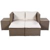 Outdoor 6-Piece Garden Furniture Set; PE Wicker Rattan Sectional Sofa Set with 2 Tea Tables; Brown Wicker+Beige Cushion