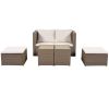 Outdoor 6-Piece Garden Furniture Set; PE Wicker Rattan Sectional Sofa Set with 2 Tea Tables; Brown Wicker+Beige Cushion