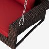 GO 2-Person Wicker Hanging Porch Swing with Chains, Cushion, Pillow, Rattan Swing Bench for Garden, Backyard, Pond. (Brown Wicker, Red Cushion)