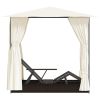 Double Sun Lounger with Curtains Poly Rattan Brown