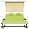 Double Sun Lounger with Canopy Textilene Green and Cream