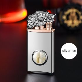 Wolf Head Luminous Transparent Gas Bin Double Fire Conversion Lighter (Option: Silver Ice-Wolf Head Gift Box)