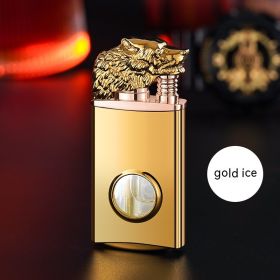 Wolf Head Luminous Transparent Gas Bin Double Fire Conversion Lighter (Option: Gold Ice-Wolf Head Gift Box)