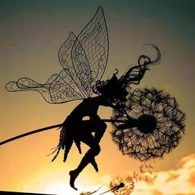 Dandelion Figurine Fairies Pixies Dancing Fairy Statue Steel Wires Fairy Garden Miniature Sculpture Mythical Garden Yard Decor (Color: G)