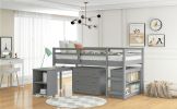 Low Study Twin Loft Bed with Cabinet and Rolling Portable Desk