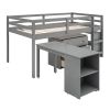 Low Study Twin Loft Bed with Cabinet and Rolling Portable Desk