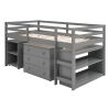 Low Study Twin Loft Bed with Cabinet and Rolling Portable Desk