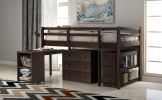 Low Study Twin Loft Bed with Cabinet and Rolling Portable Desk